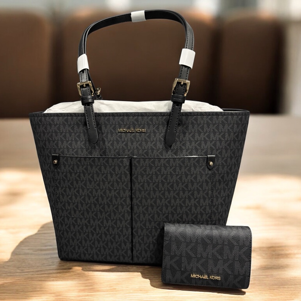 Michael Kors Jet Set Medium Logo Pocket Tote Bag And Wallet In Black Nwt